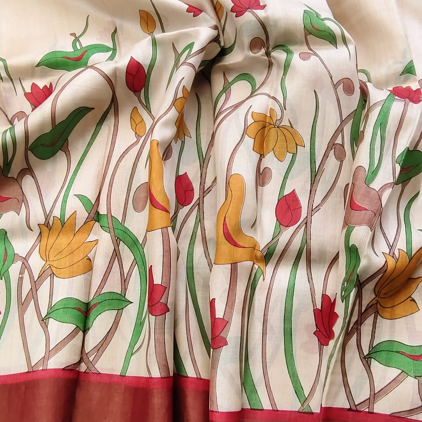 Pure Tussar Silk-Off White and Red