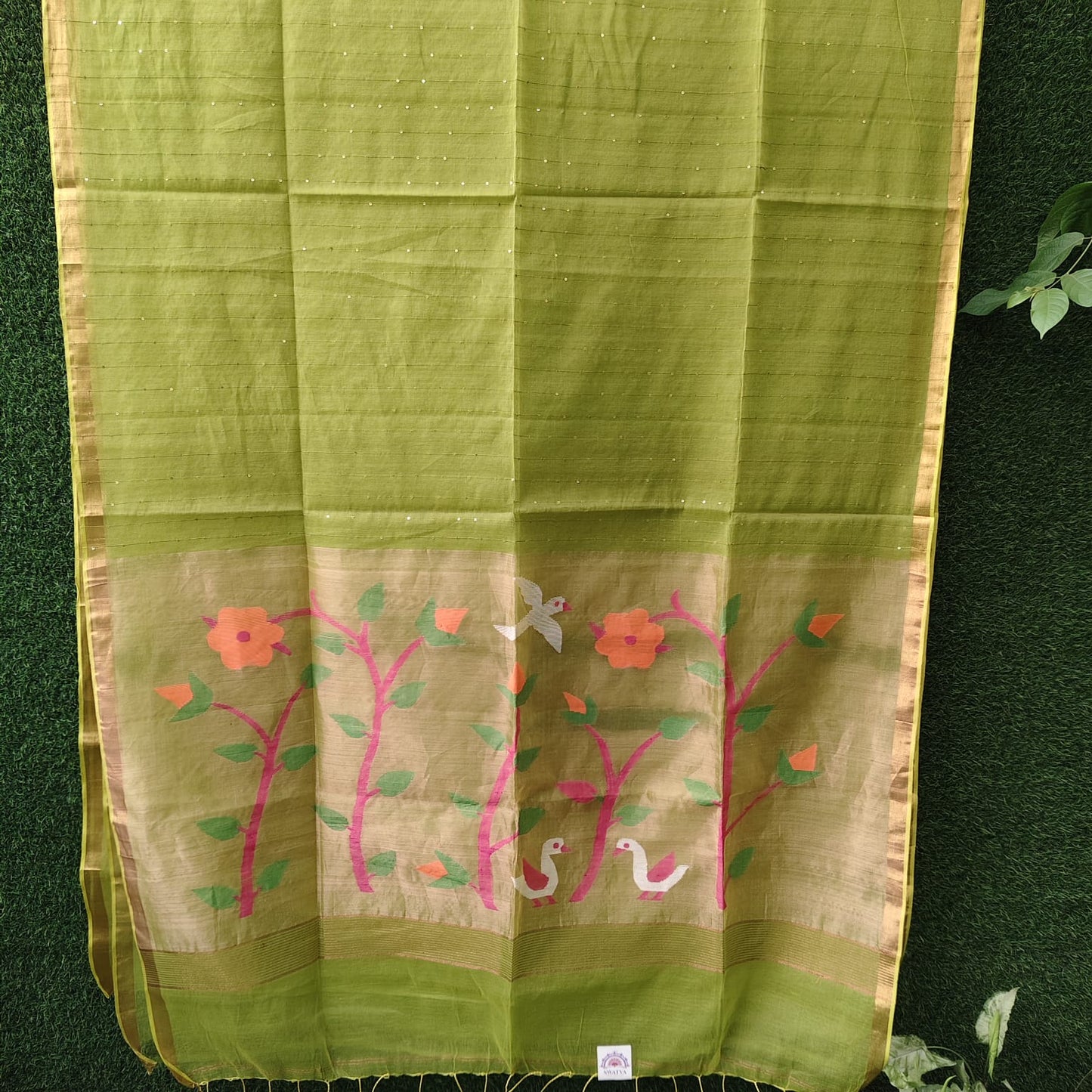 Muslin Jamdani Paithani-Parrot Green