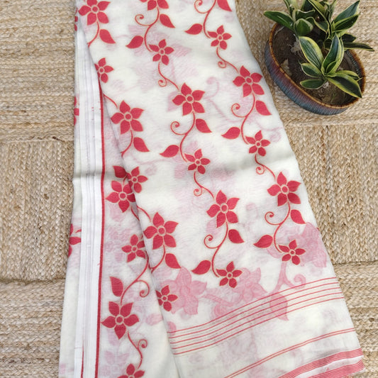 Muslin Cotton Jamdani Red- White