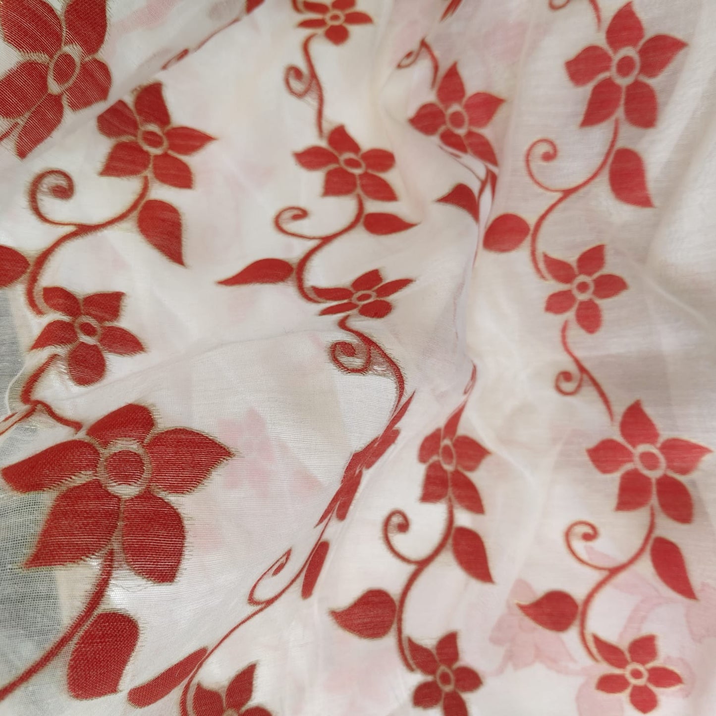 Muslin Cotton Jamdani Red- White