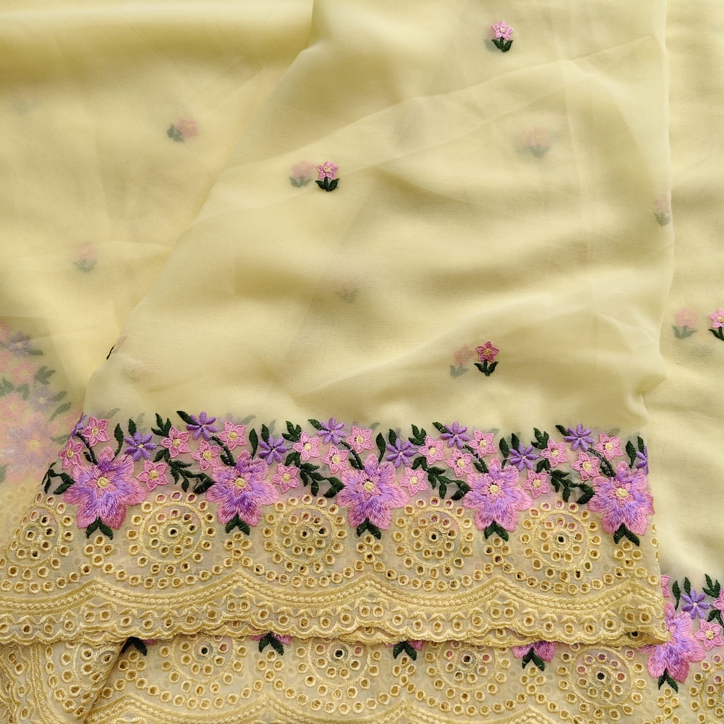 Pure Georgette - Embroidery Cutwork, Yellow