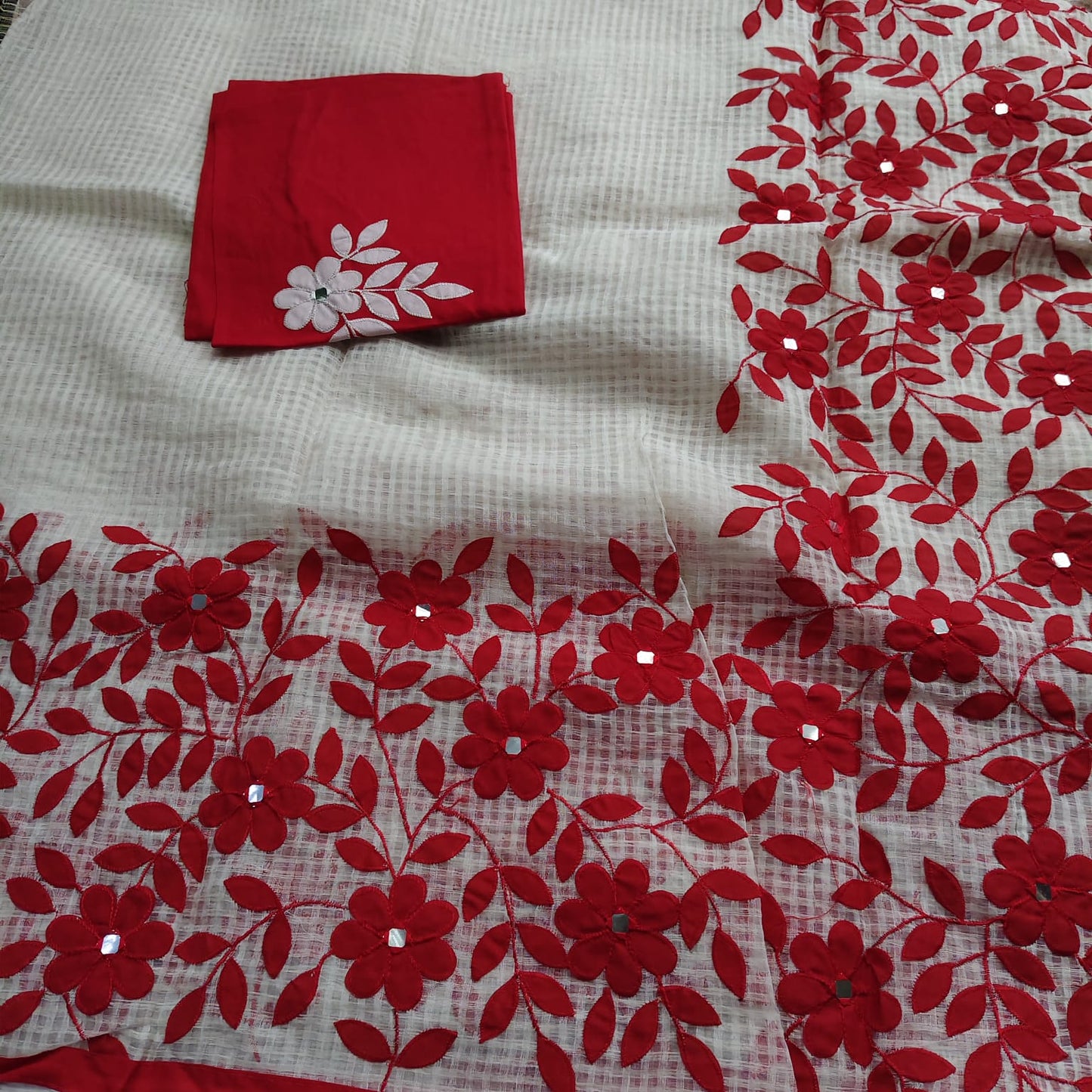 Resham Kota-Applique, White n Red