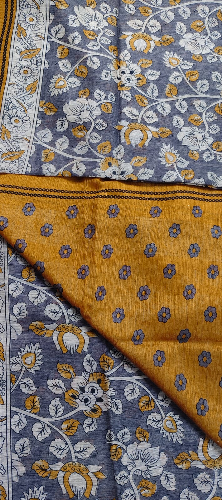 Jute Cotton Kalamkari- Gray and Yellow