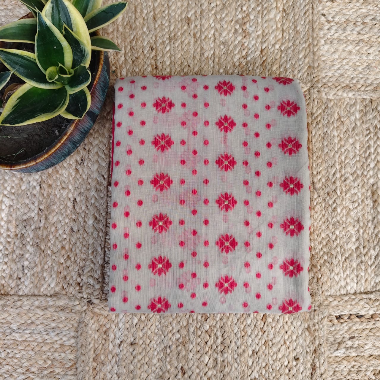 Beige Red Cotton Jamdani