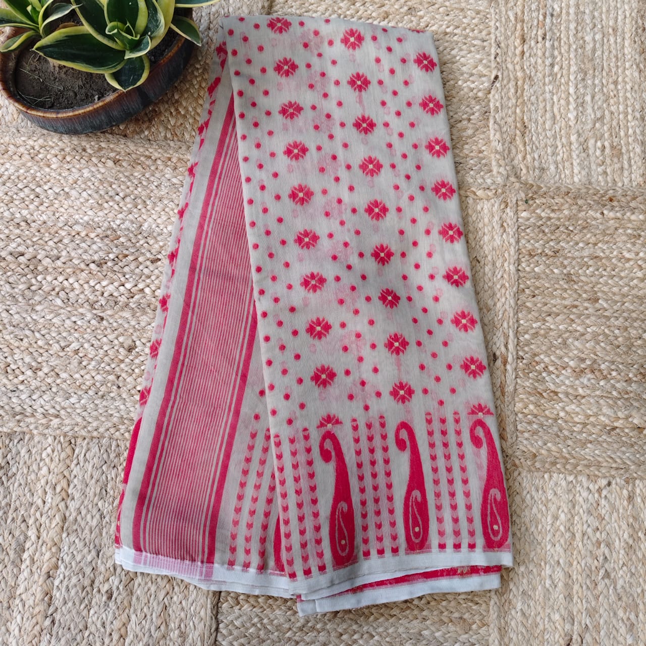 Beige Red Cotton Jamdani