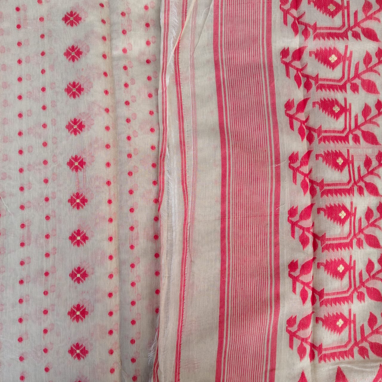 Beige Red Cotton Jamdani