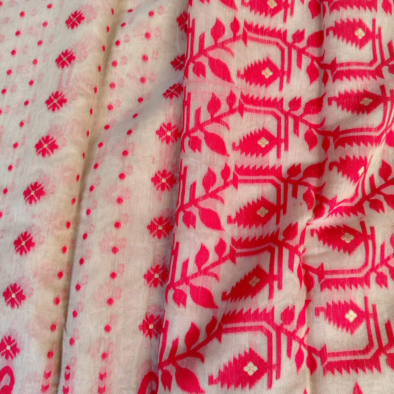 Beige Red Cotton Jamdani