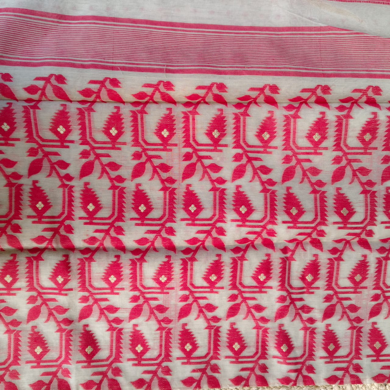 Beige Red Cotton Jamdani