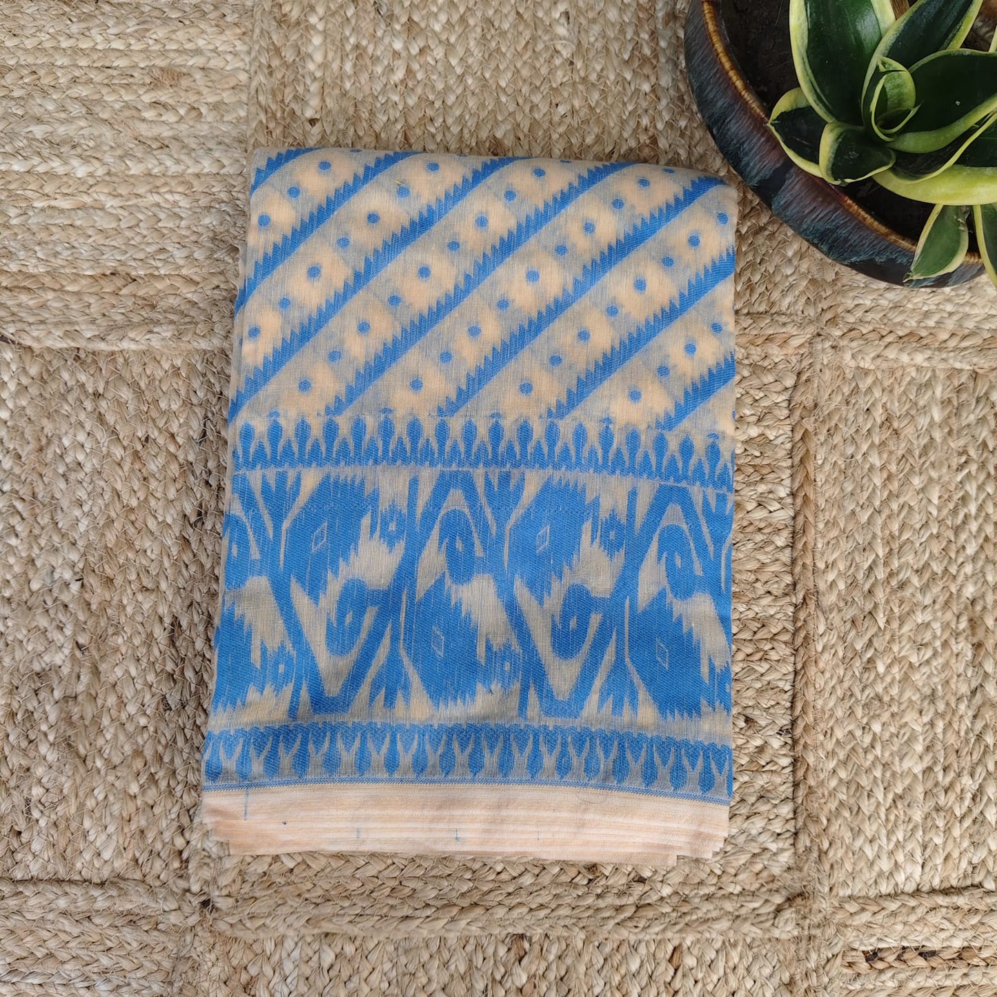 Beige Blue Cotton Jamdani