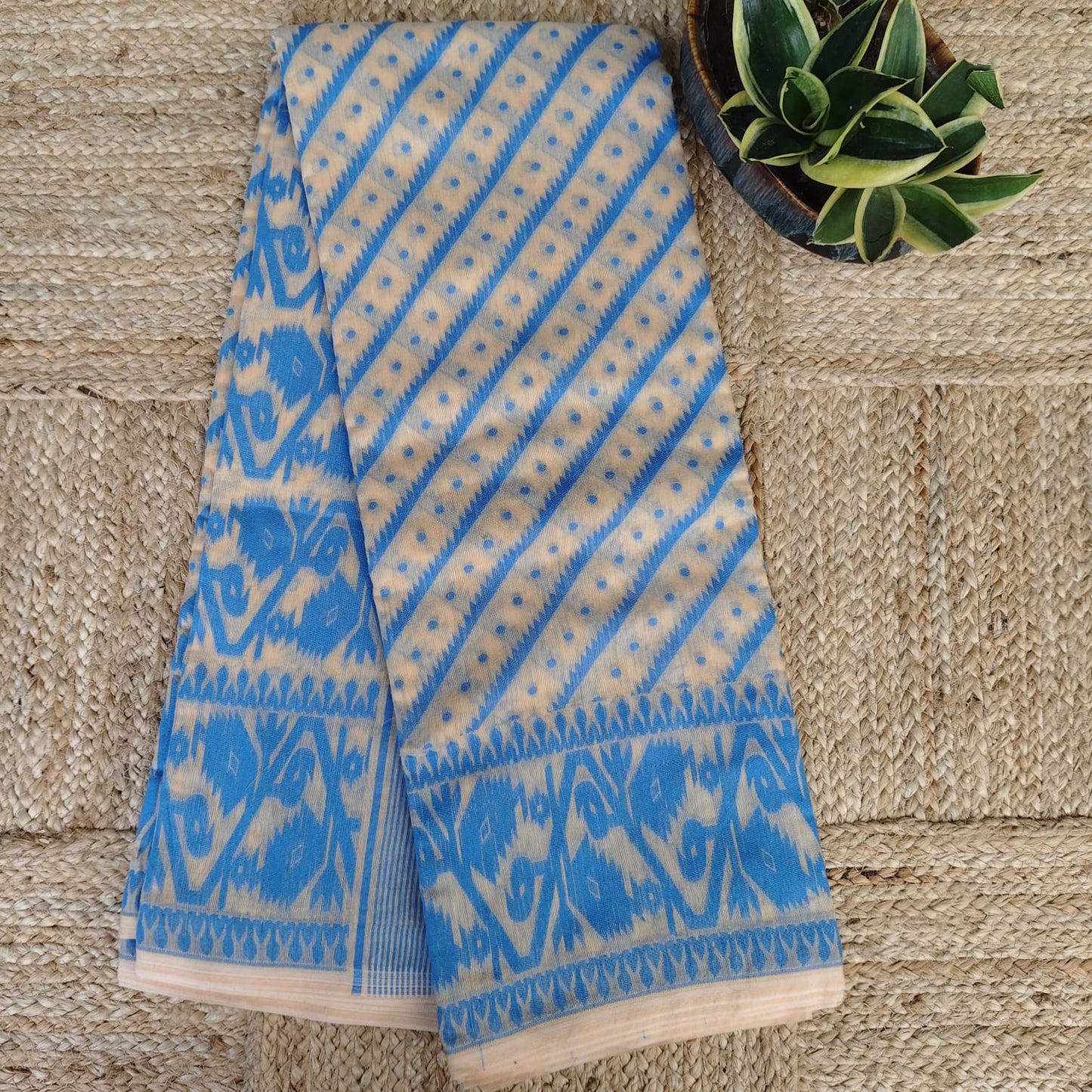 Beige Blue Cotton Jamdani