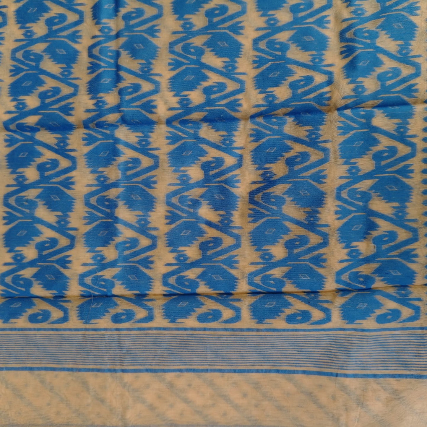 Beige Blue Cotton Jamdani