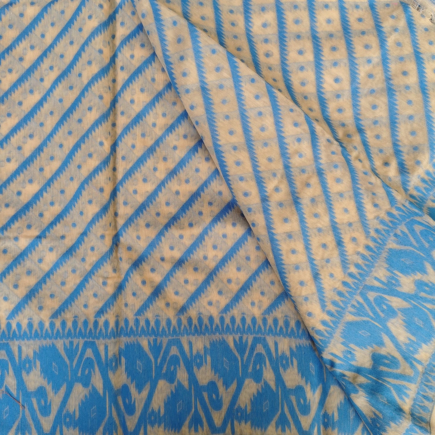 Beige Blue Cotton Jamdani