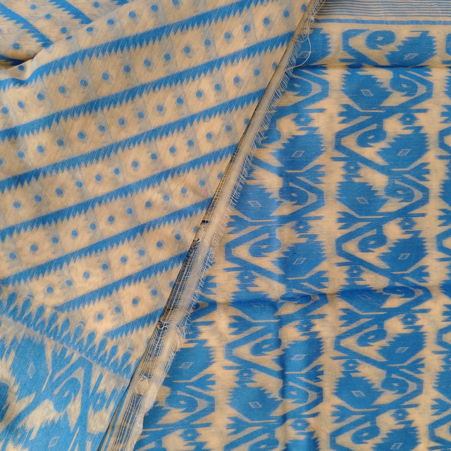 Beige Blue Cotton Jamdani