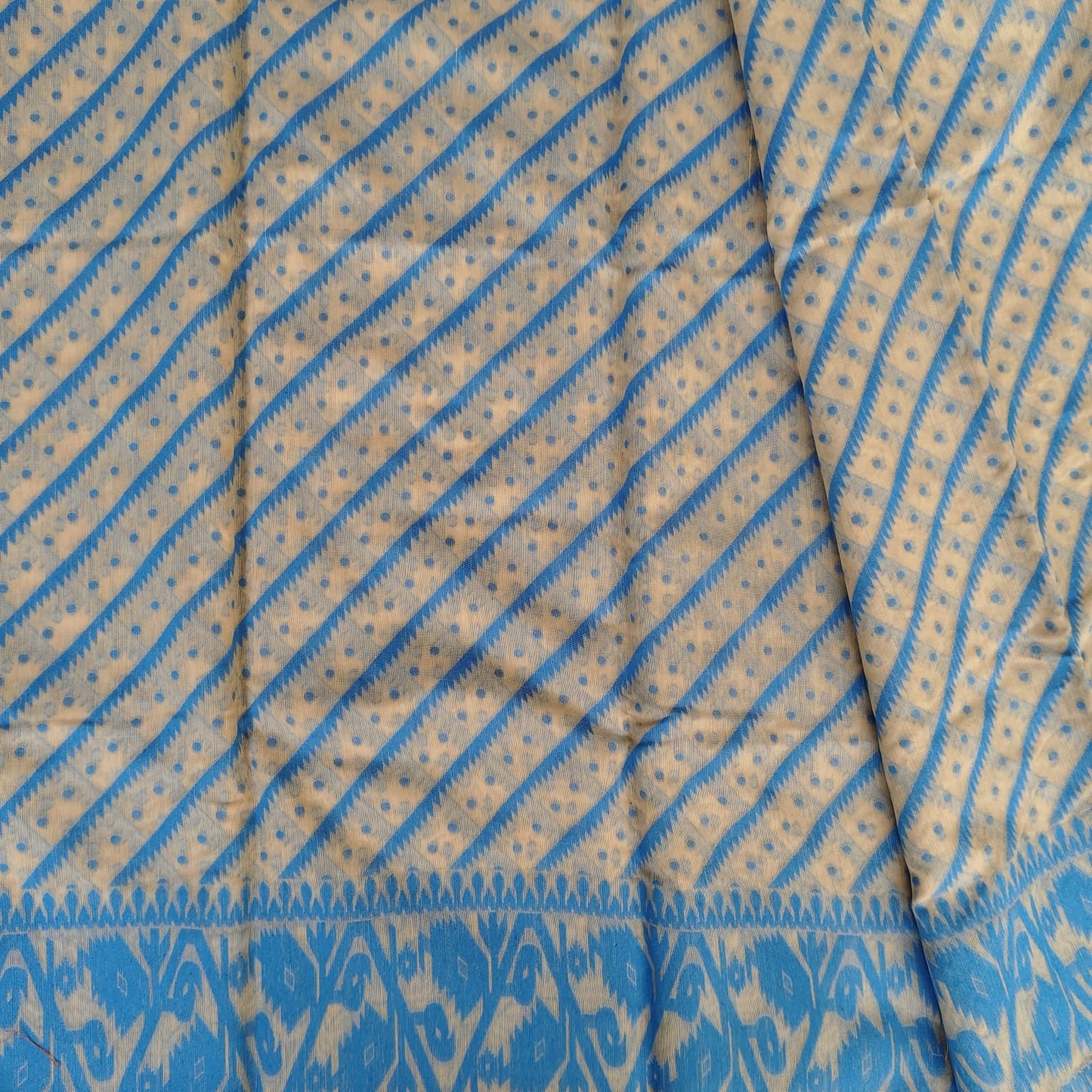 Beige Blue Cotton Jamdani