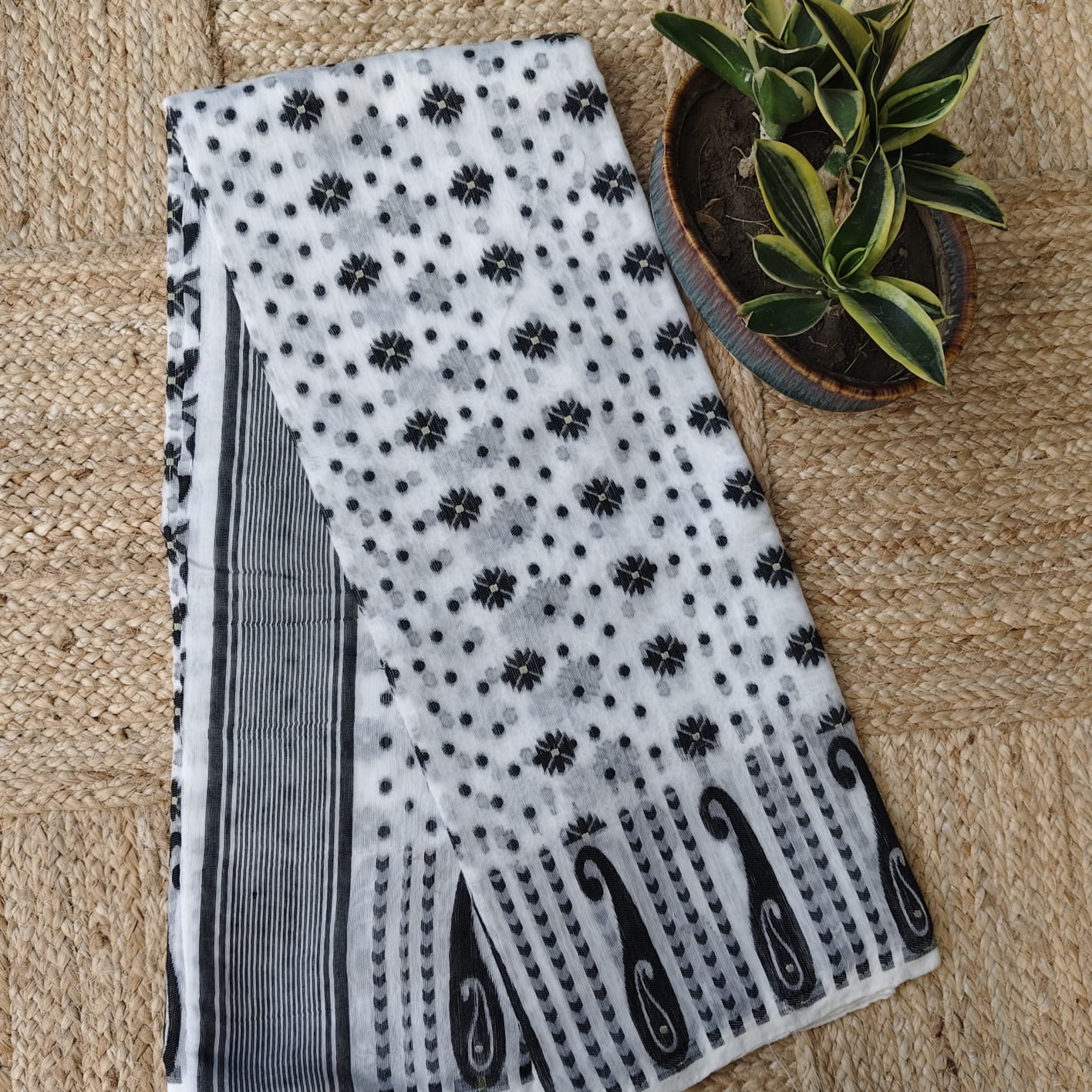 White Black Cotton Jamdani