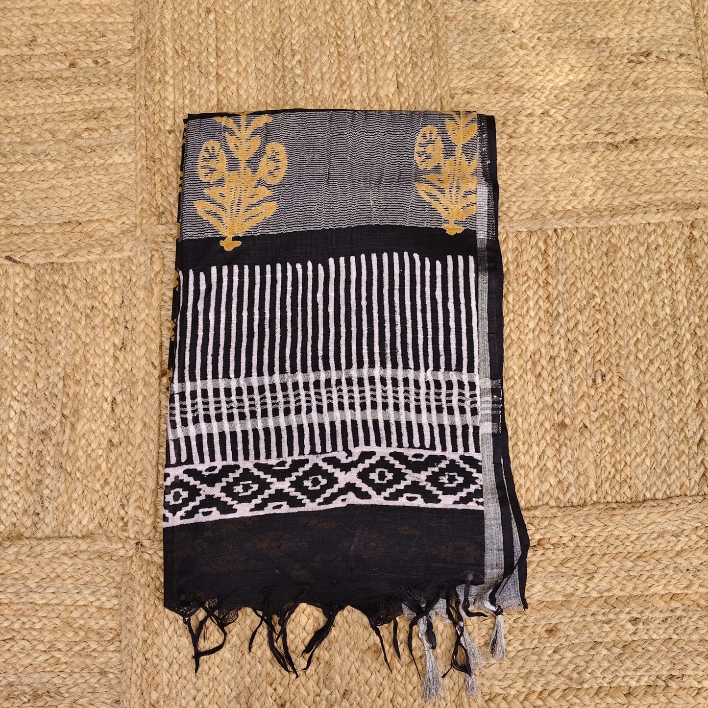 Black Block Print Linen Cotton -04