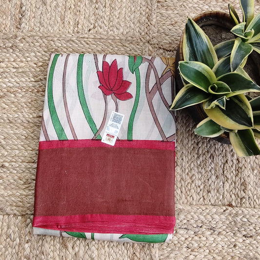 Pure Tussar Silk-Off White and Red