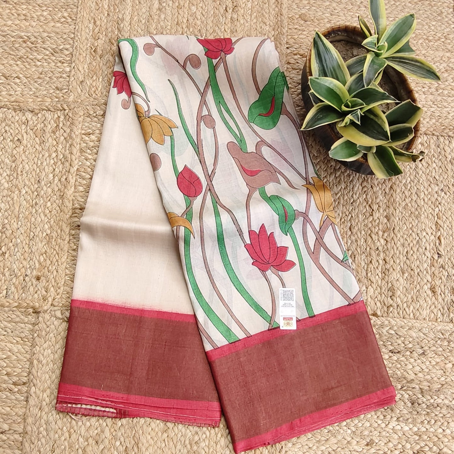 Pure Tussar Silk-Off White and Red