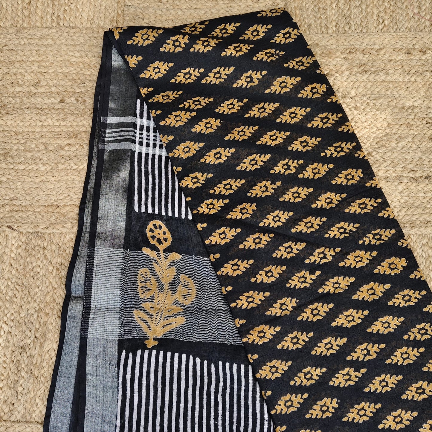 Black Block Print Linen Cotton -04