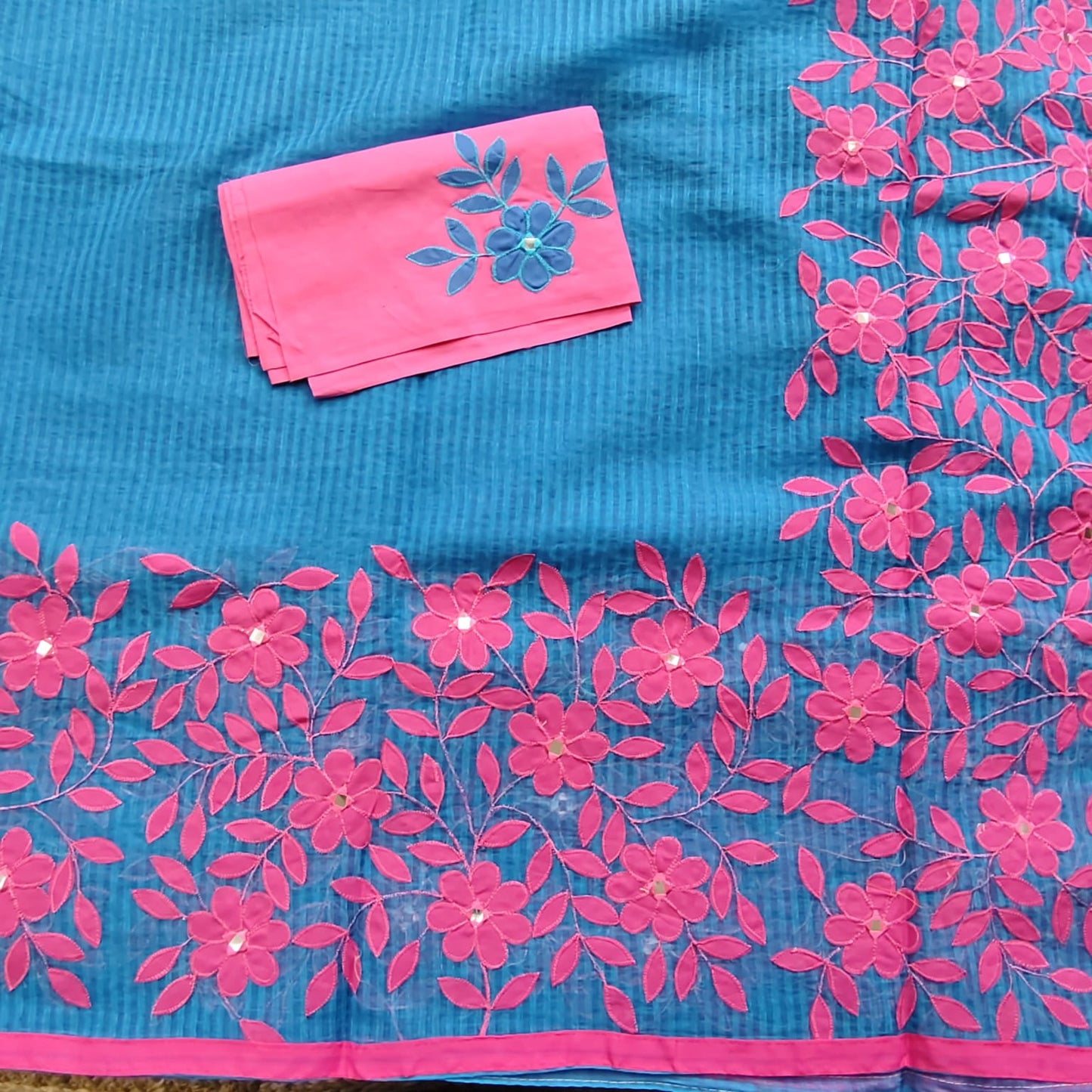 Resham Kota Applique- Blue, Pink