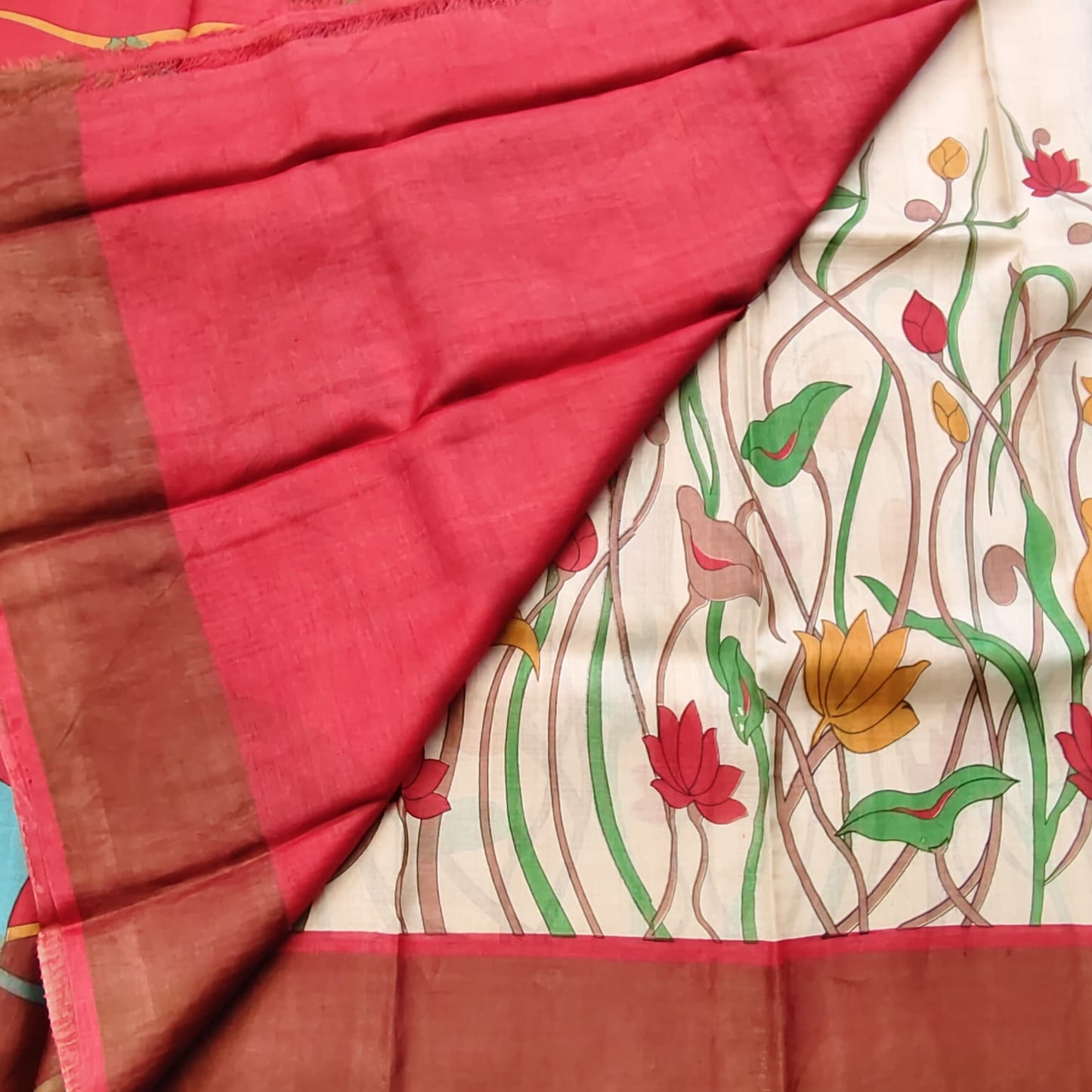 Pure Tussar Silk-Off White and Red