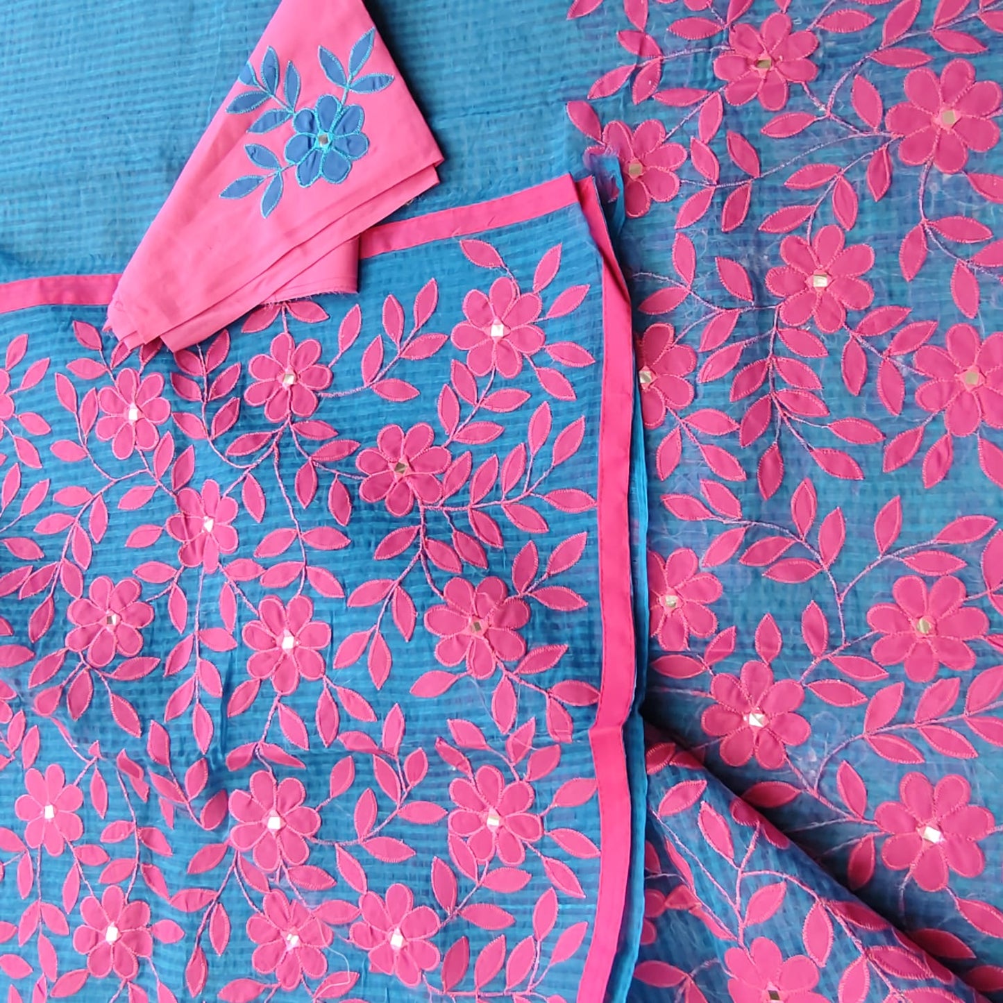 Resham Kota Applique- Blue, Pink