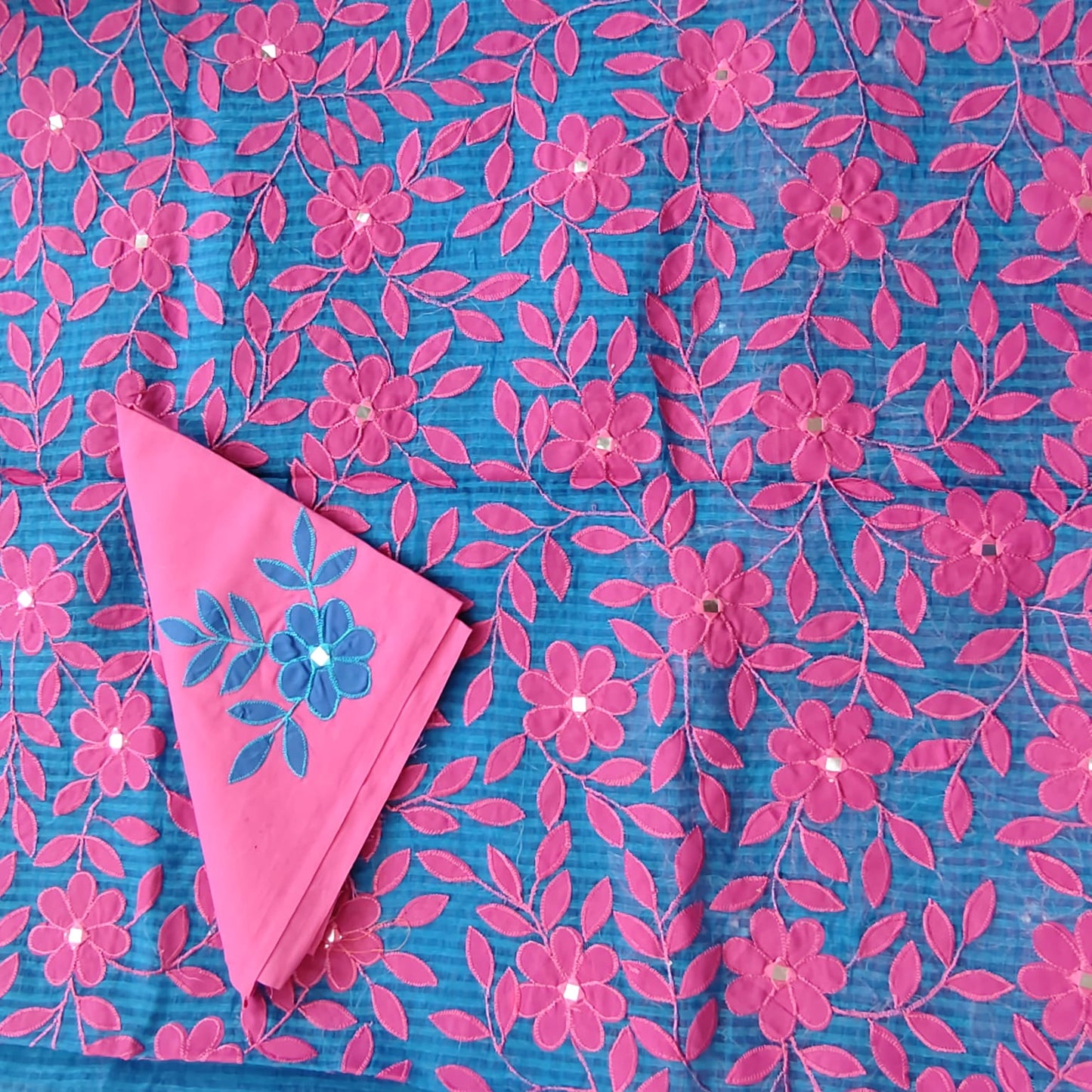 Resham Kota Applique- Blue, Pink