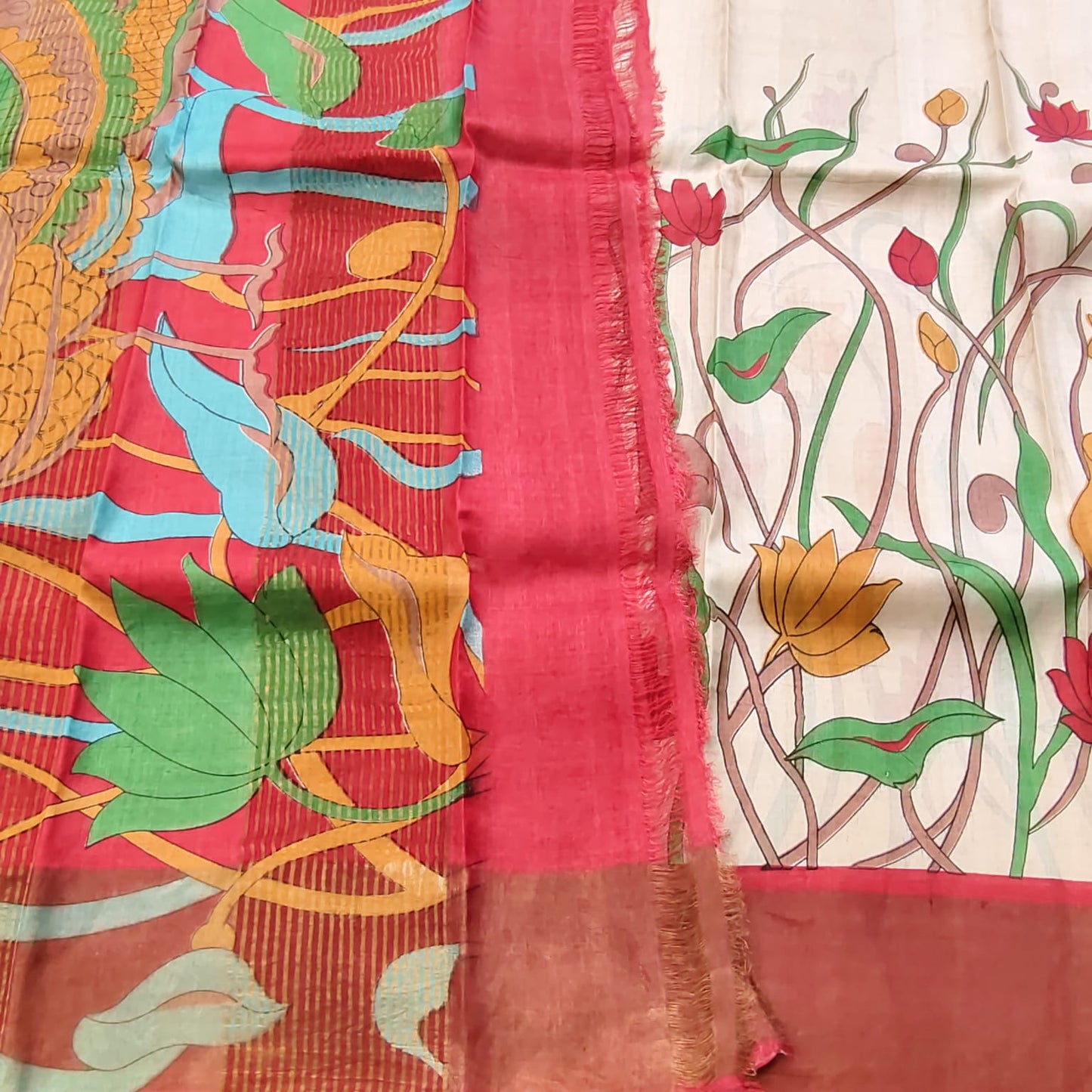 Pure Tussar Silk-Off White and Red