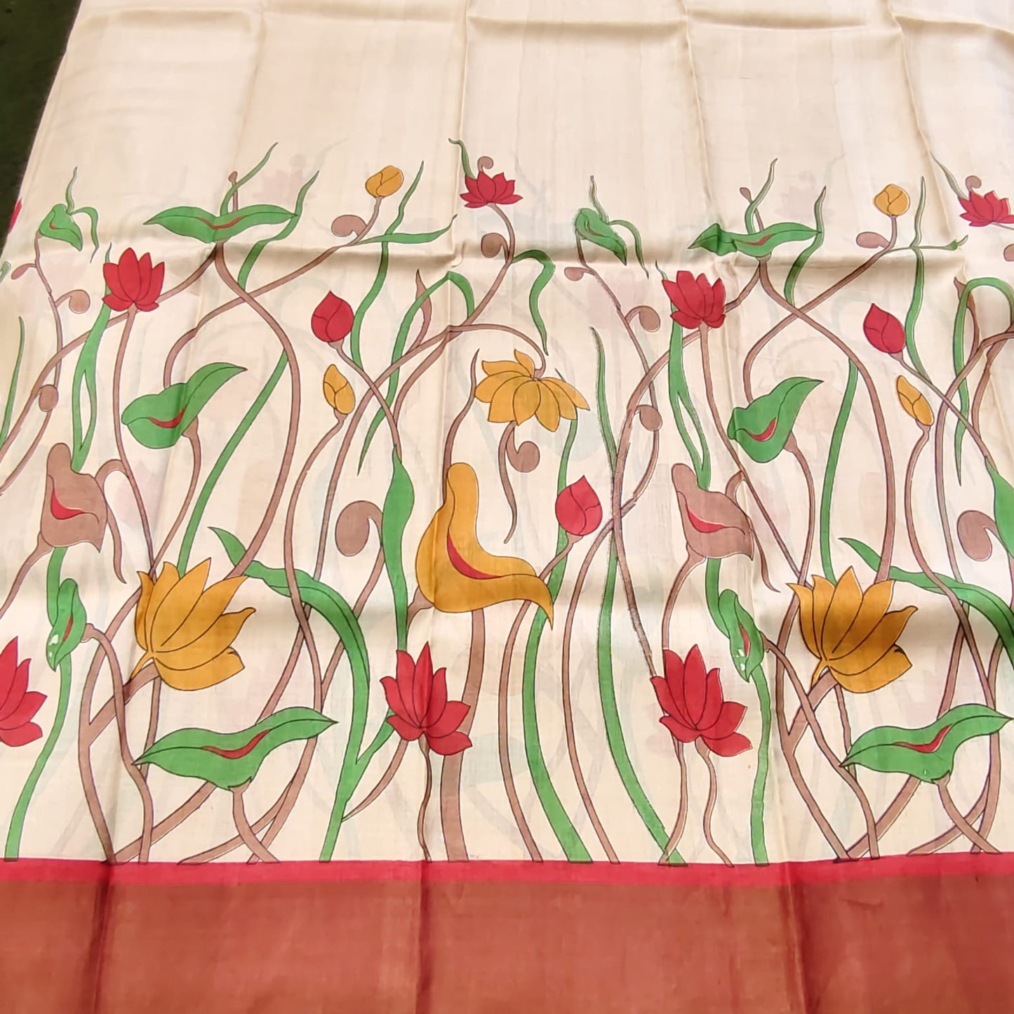 Pure Tussar Silk-Off White and Red
