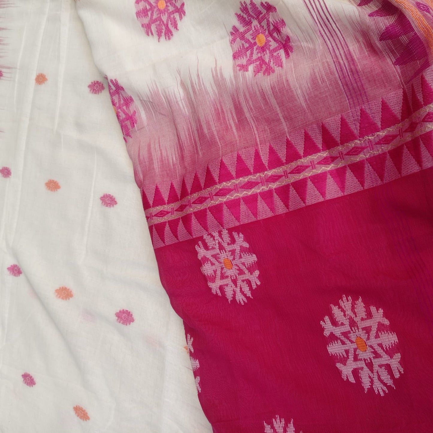 Handwoven Bengal Cotton -White-Pink