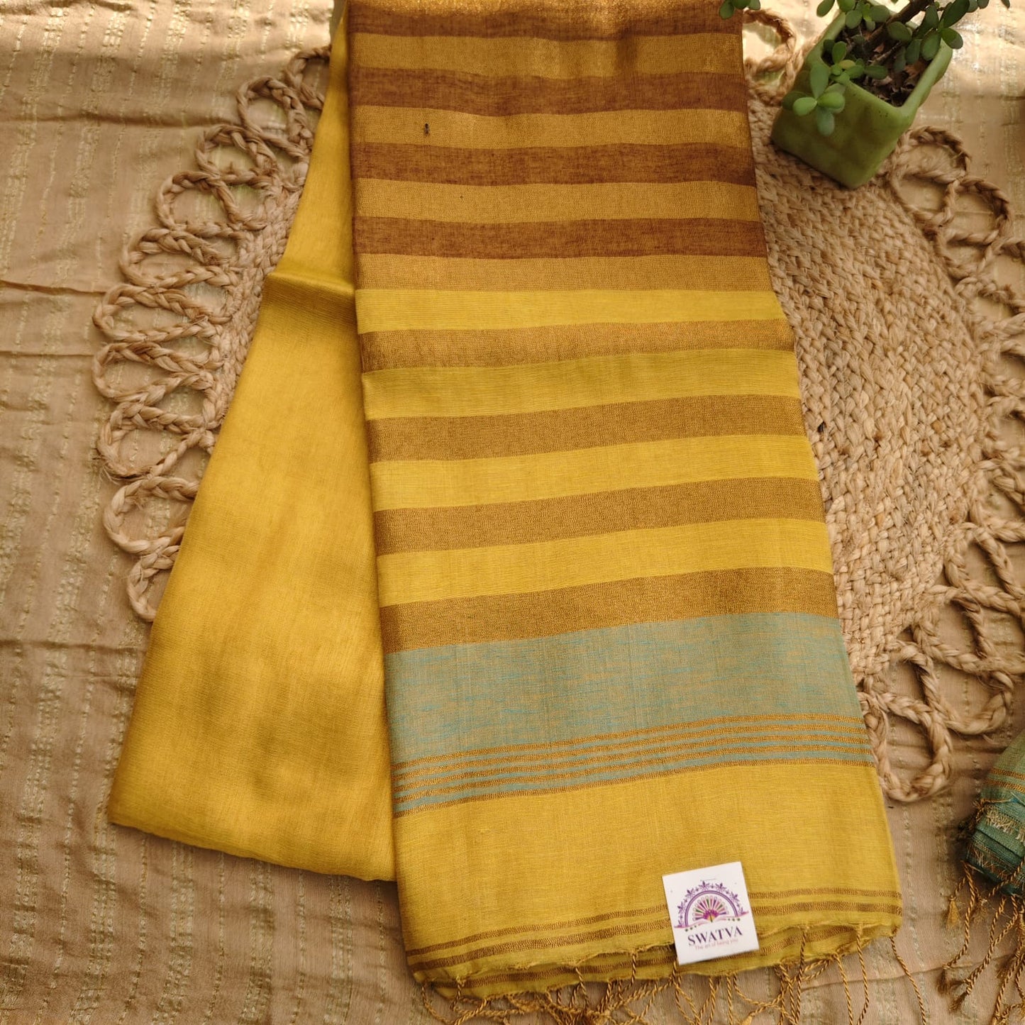 Tissue Linen -Striped Aanchal, Yellow