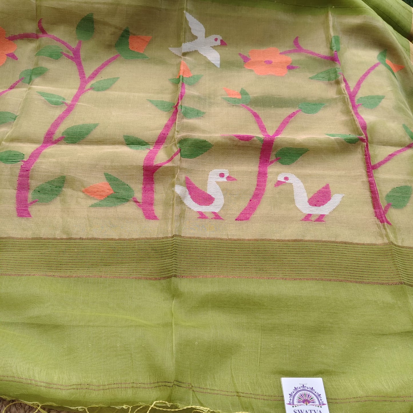 Muslin Jamdani Paithani-Parrot Green