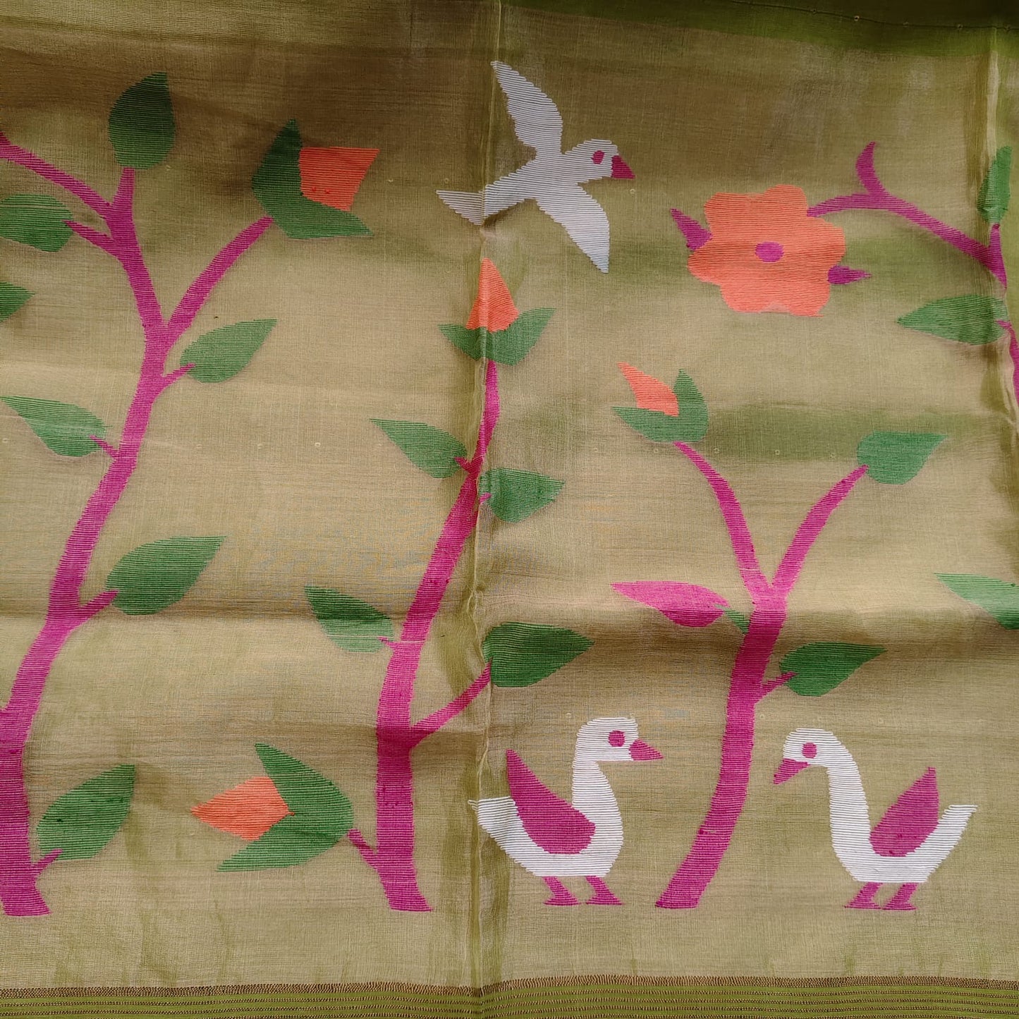 Muslin Jamdani Paithani-Parrot Green