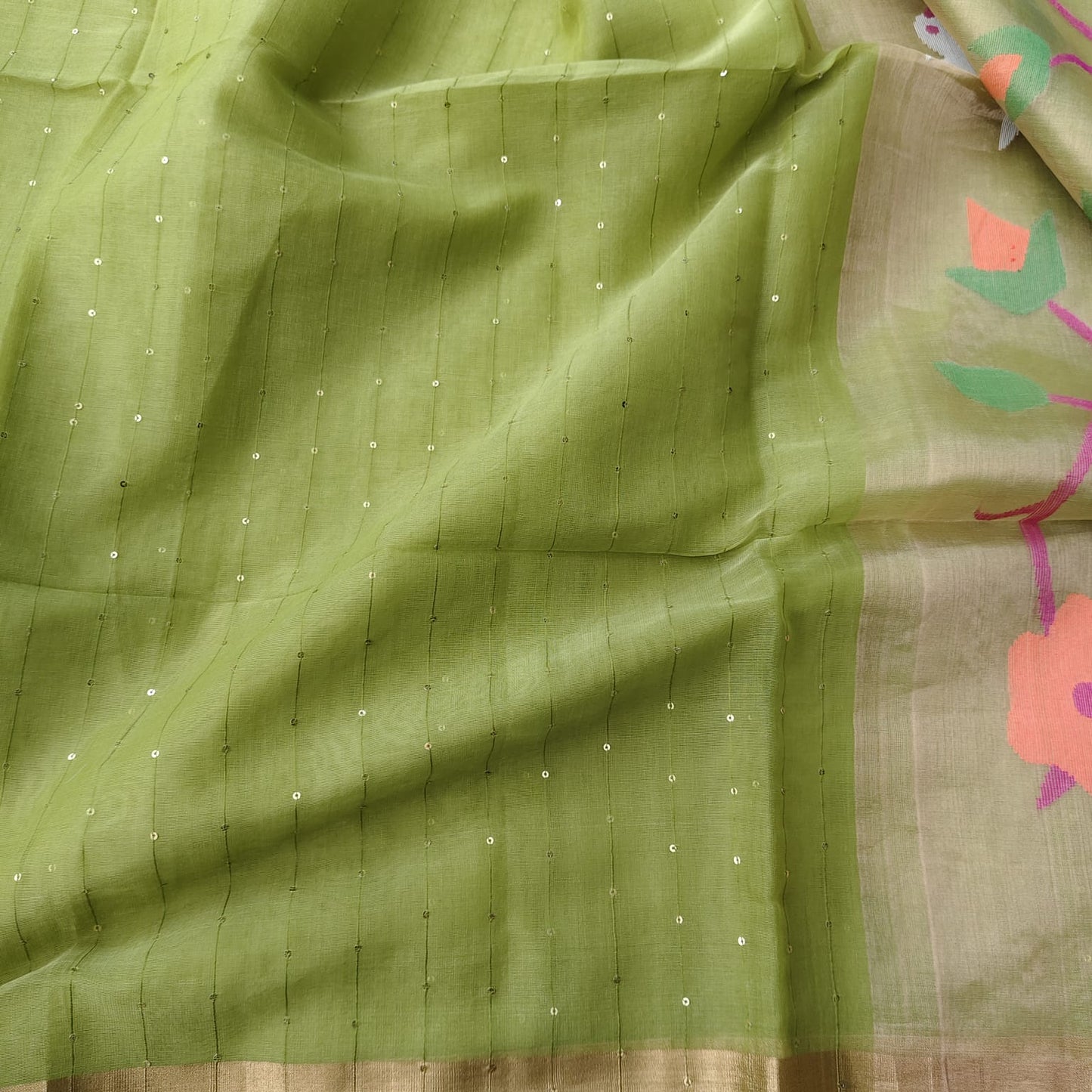 Muslin Jamdani Paithani-Parrot Green