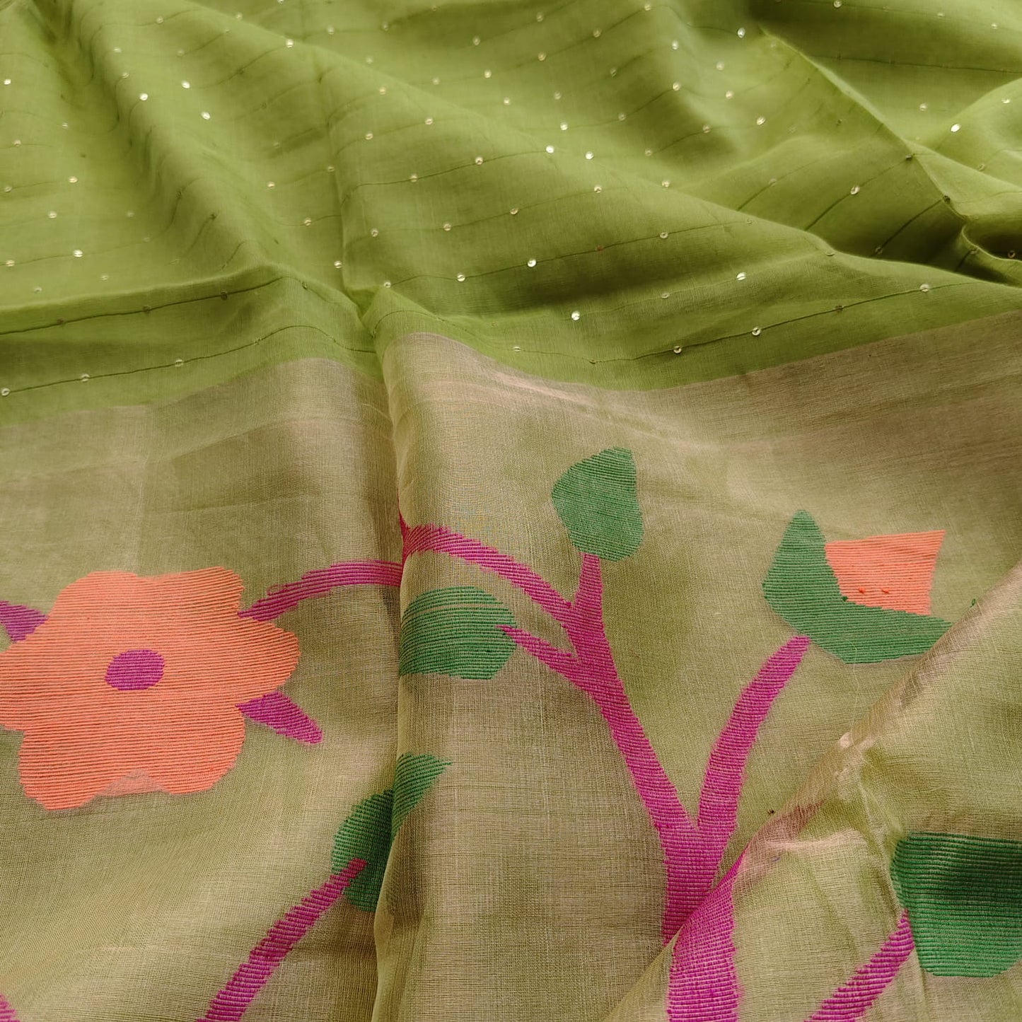 Muslin Jamdani Paithani-Parrot Green