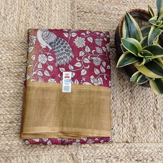 Pure Tussar Silk-Maroon and Golden