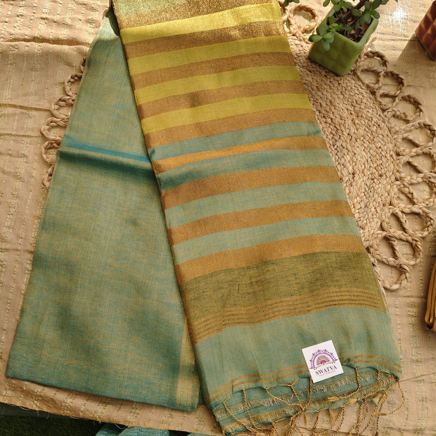 Tissue Linen Striped Aachal, Green