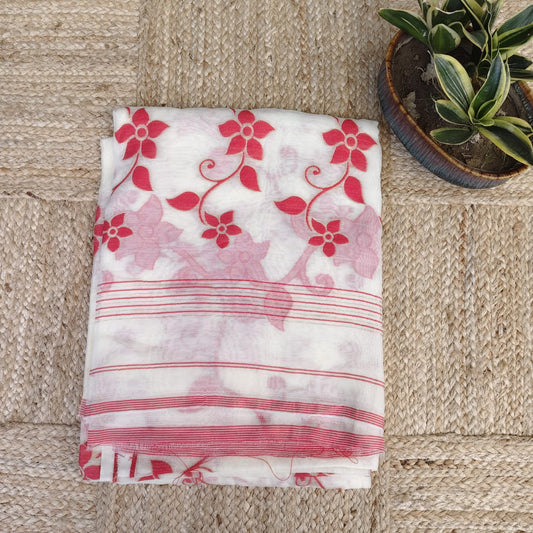 Muslin Cotton Jamdani Red- White