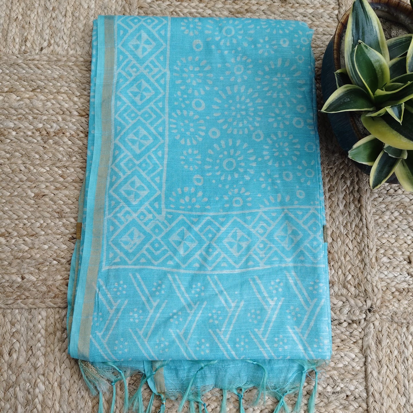 Block Print Chanderi Cotton -Firozi Blue