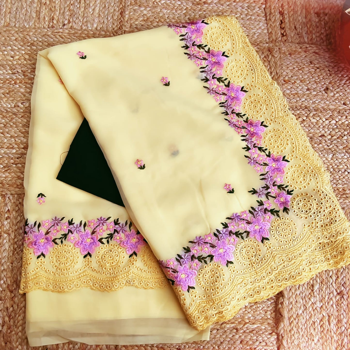 Pure Georgette - Embroidery Cutwork, Yellow