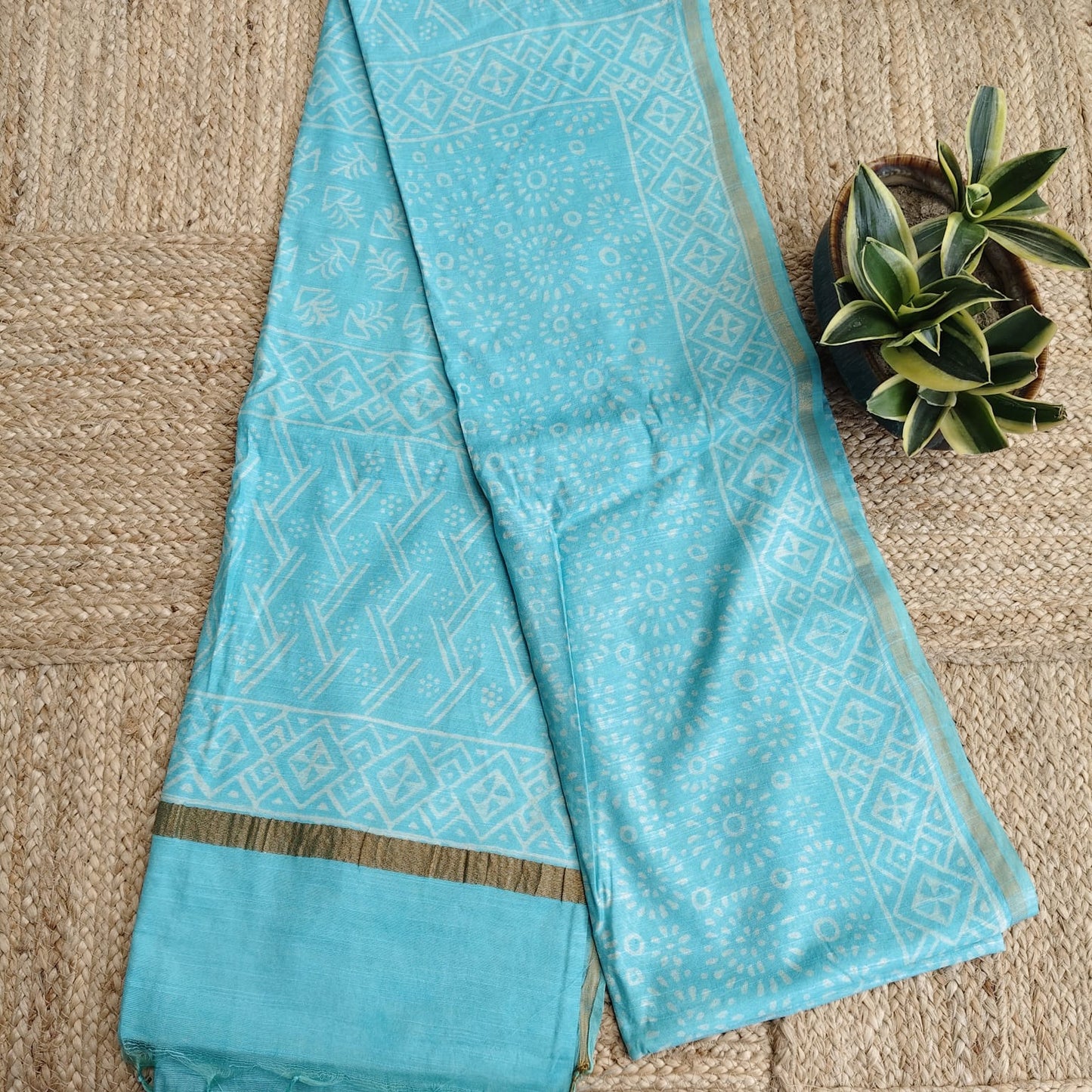 Block Print Chanderi Cotton -Firozi Blue