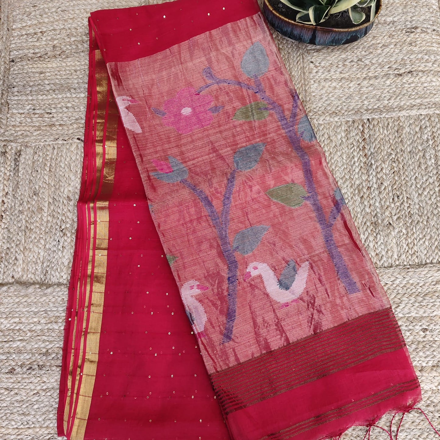 Muslin Jamdani, Paithani -Red