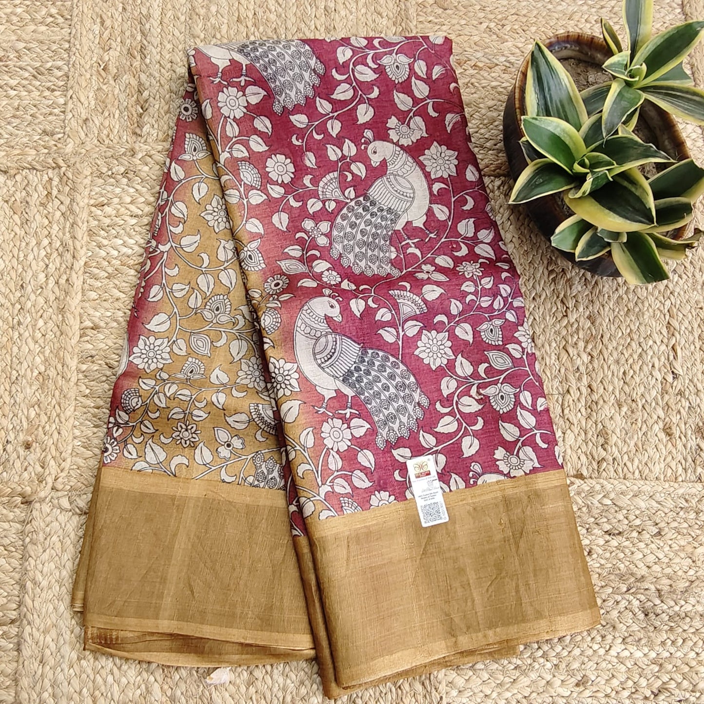 Pure Tussar Silk-Maroon and Golden