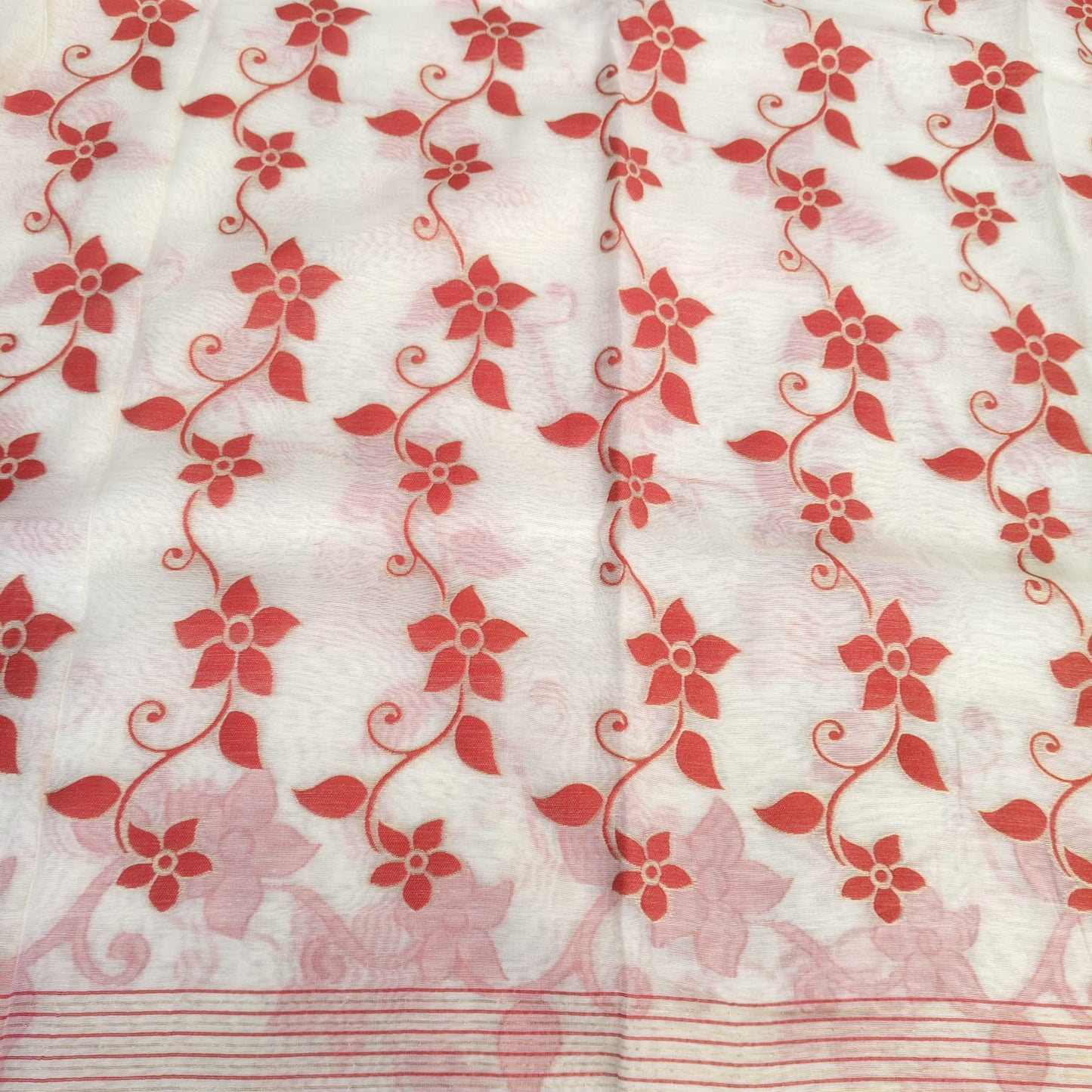 Muslin Cotton Jamdani Red- White