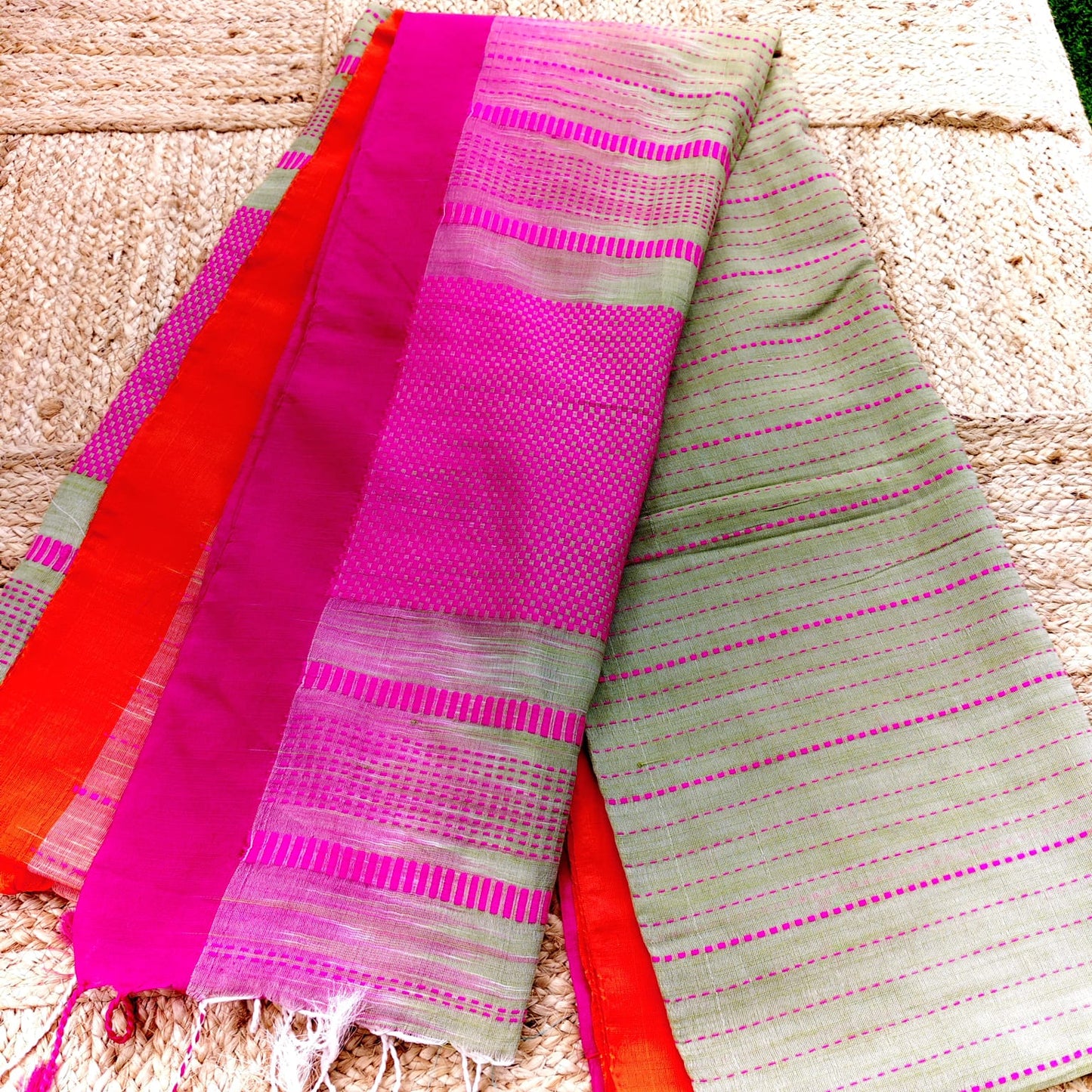 Handwoven Bengal Cotton -Green n Pink