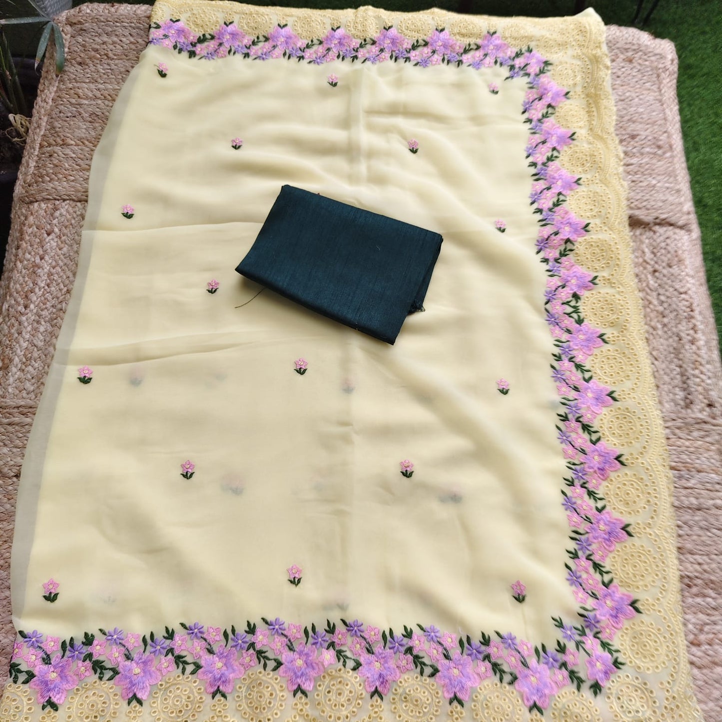 Pure Georgette - Embroidery Cutwork, Yellow