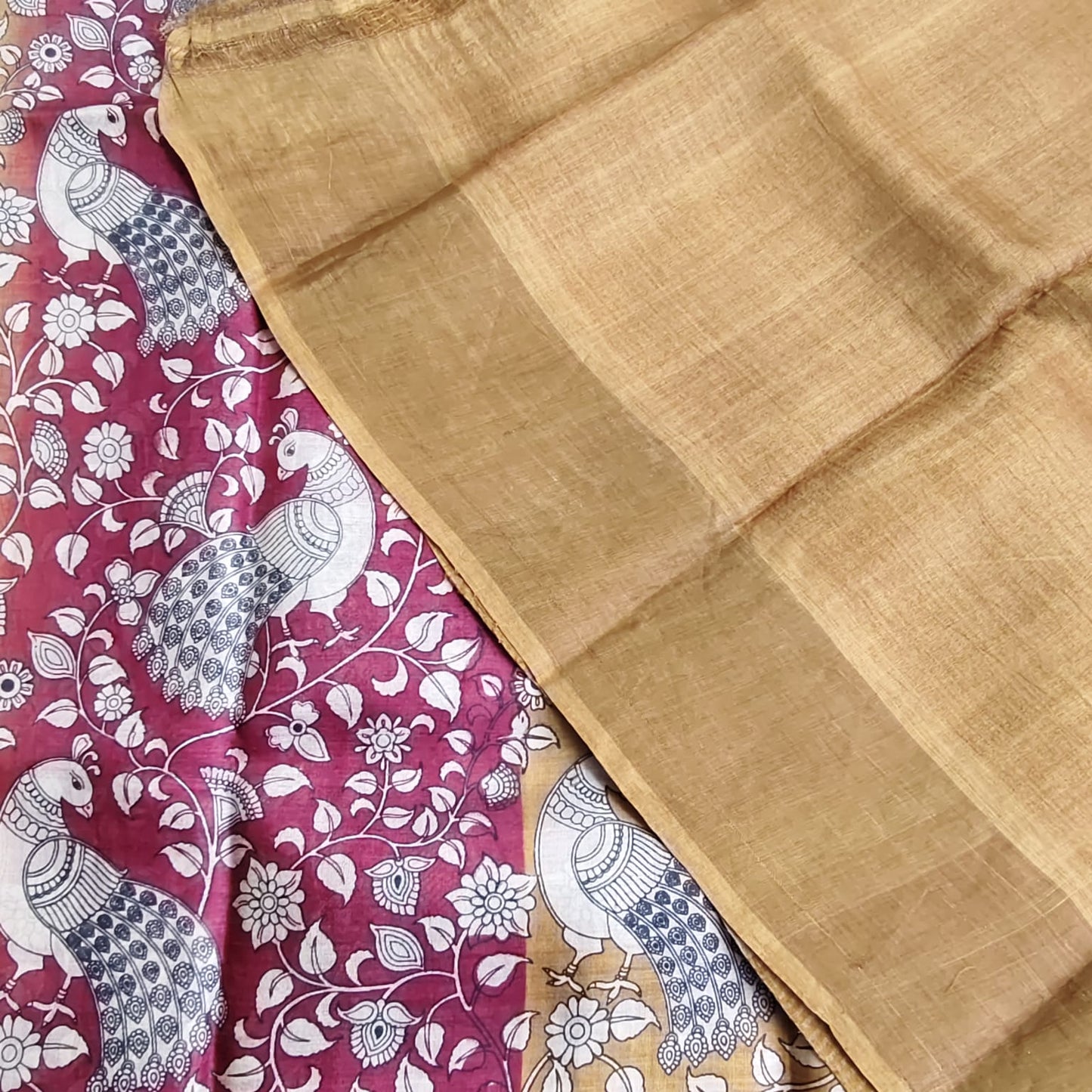Pure Tussar Silk-Maroon and Golden