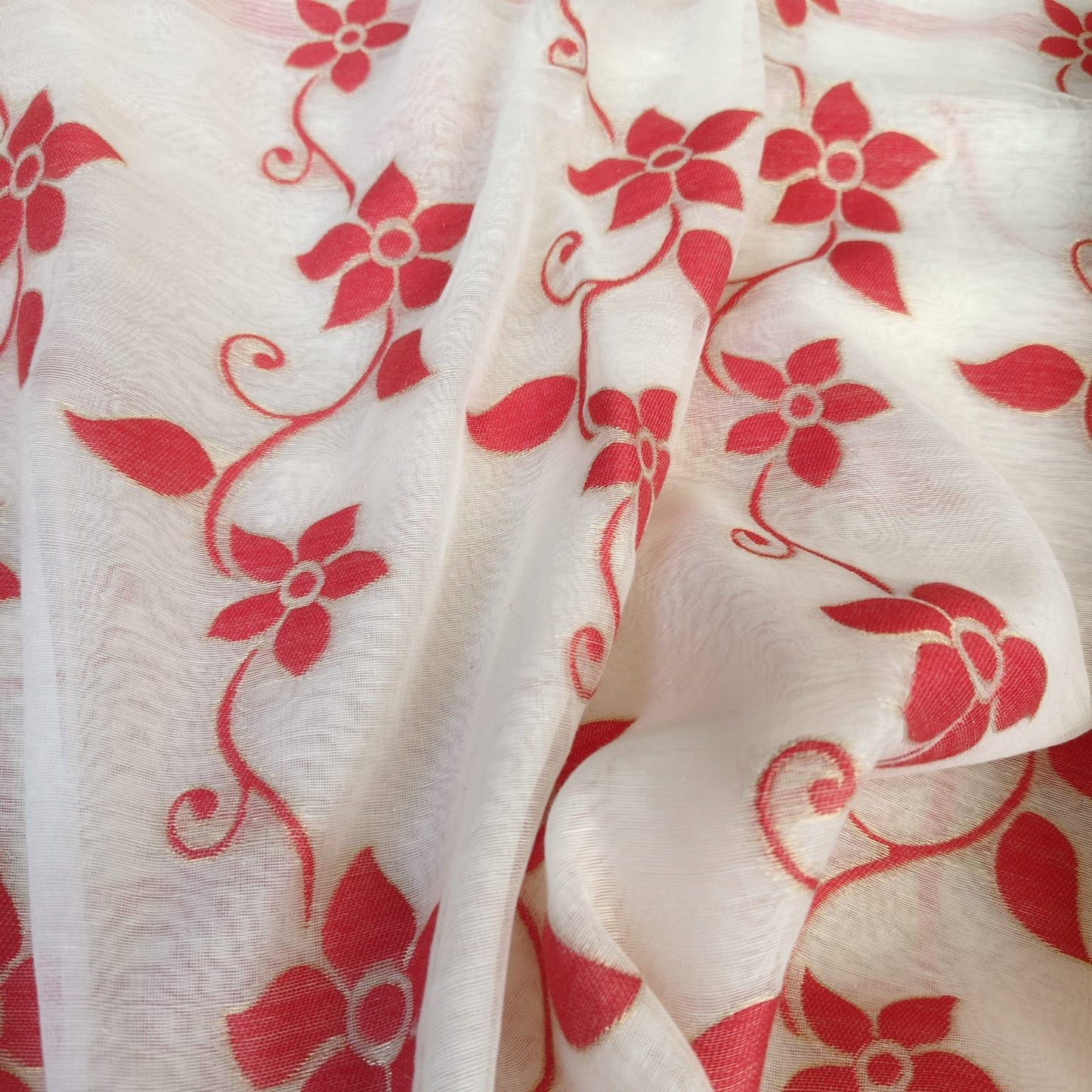 Muslin Cotton Jamdani Red- White