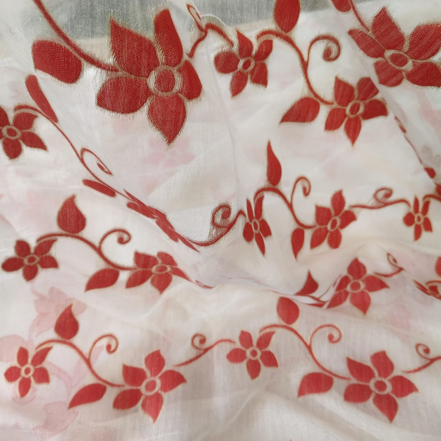 Muslin Cotton Jamdani Red- White