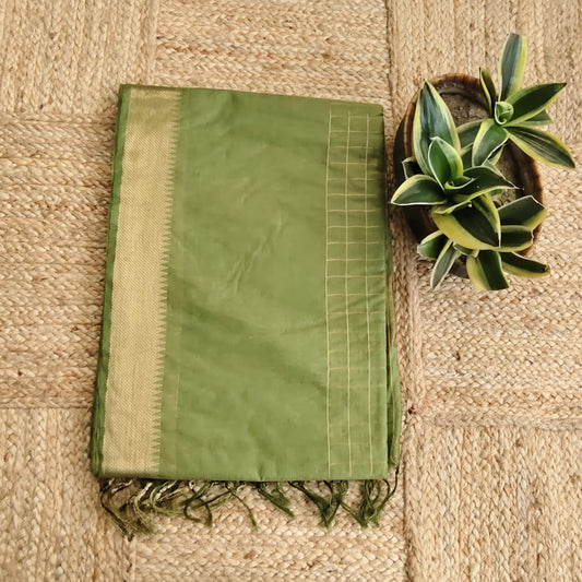 Maheshwari Silk- Zari Checks, Leaf Green